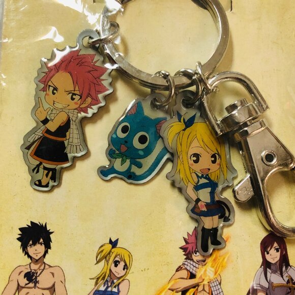 Fairy Tail Anime Keychain With  Natsu Dragneel Lucy Heartfilia & Happy Charms - Picture 2 of 3